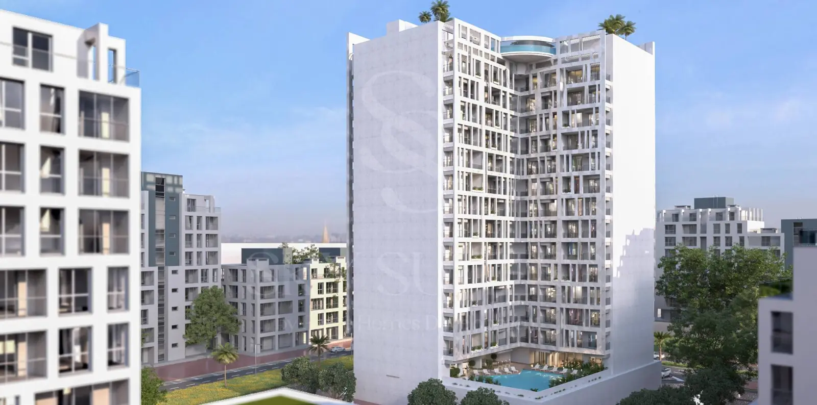 Tower among low-rise buildings with pool at base