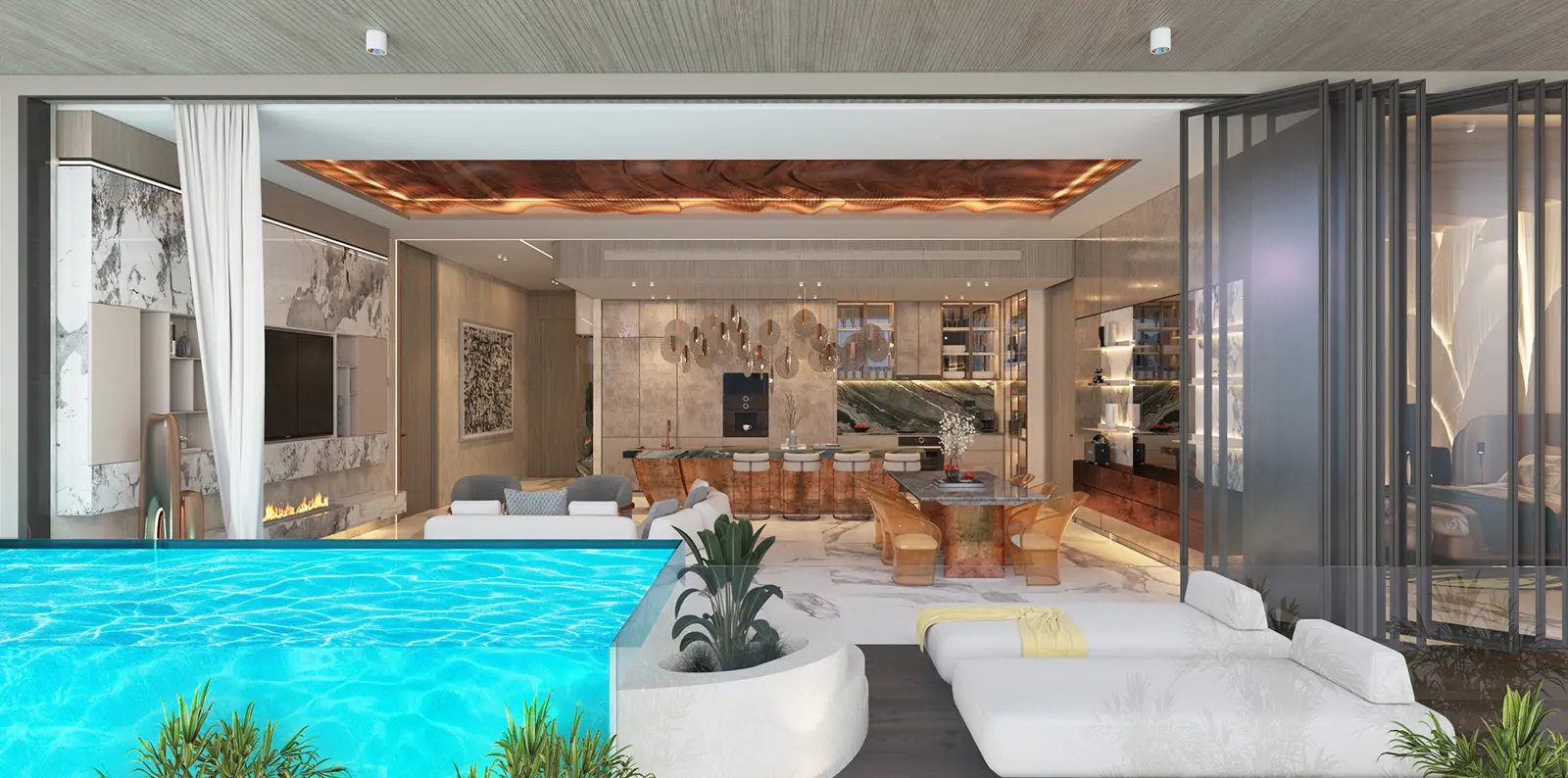 Living room opening onto a private pool