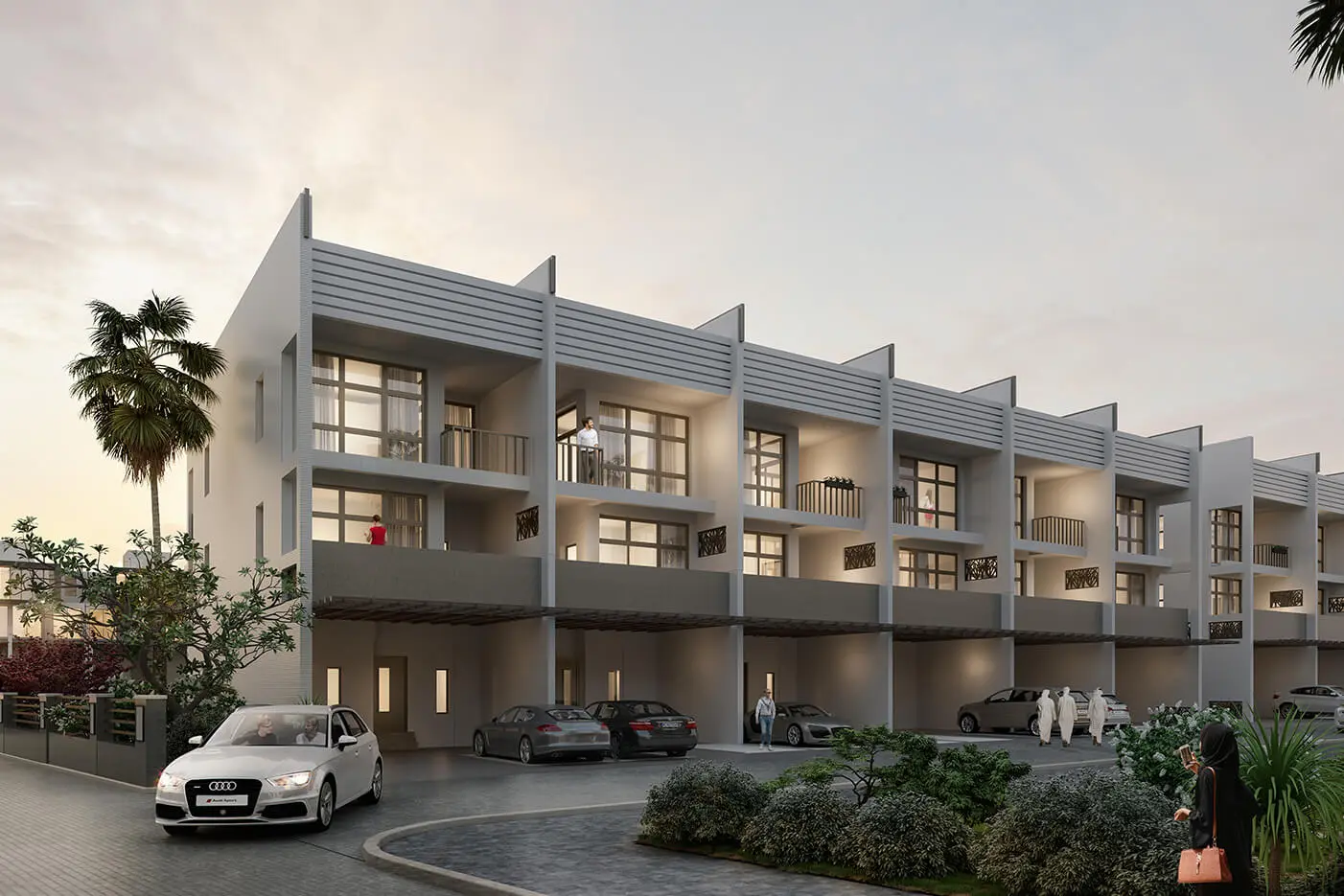 Townhouse row with carport at sunset