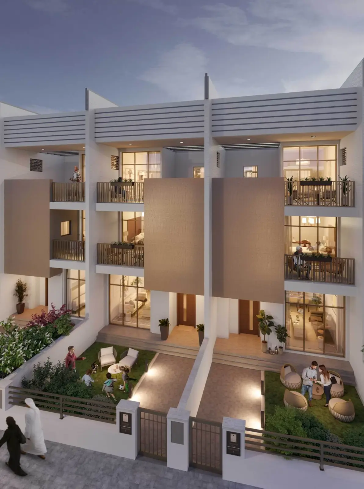 Townhouse fronts with private front gardens
