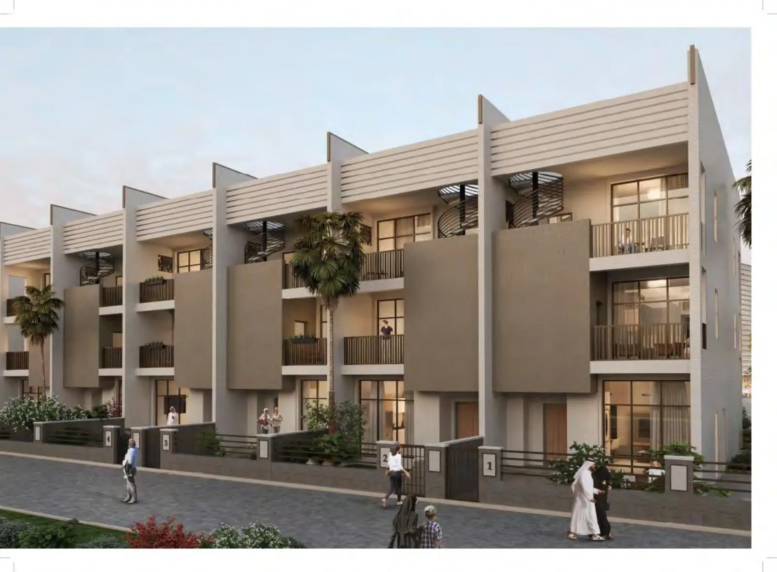 Townhouse row with earth-tone balconies seen from street