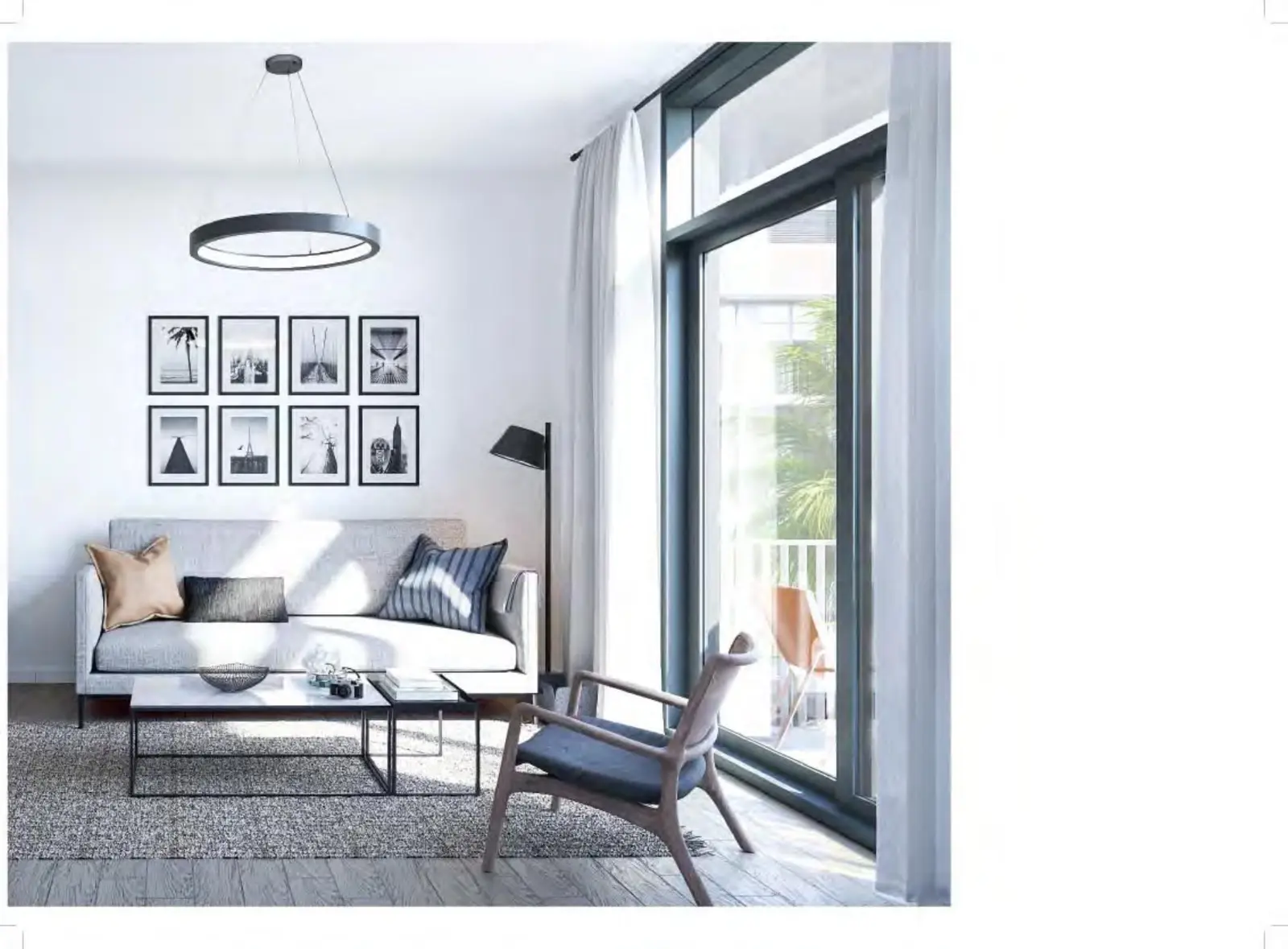 Living room with large window and balcony