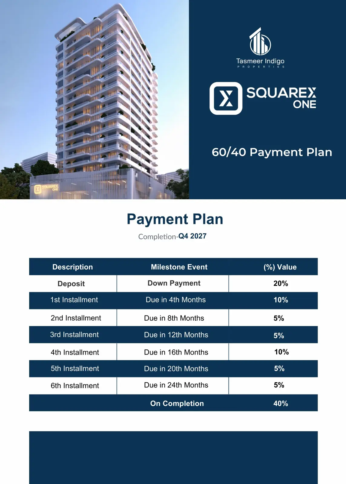 Tower render beside 60/40 payment plan table