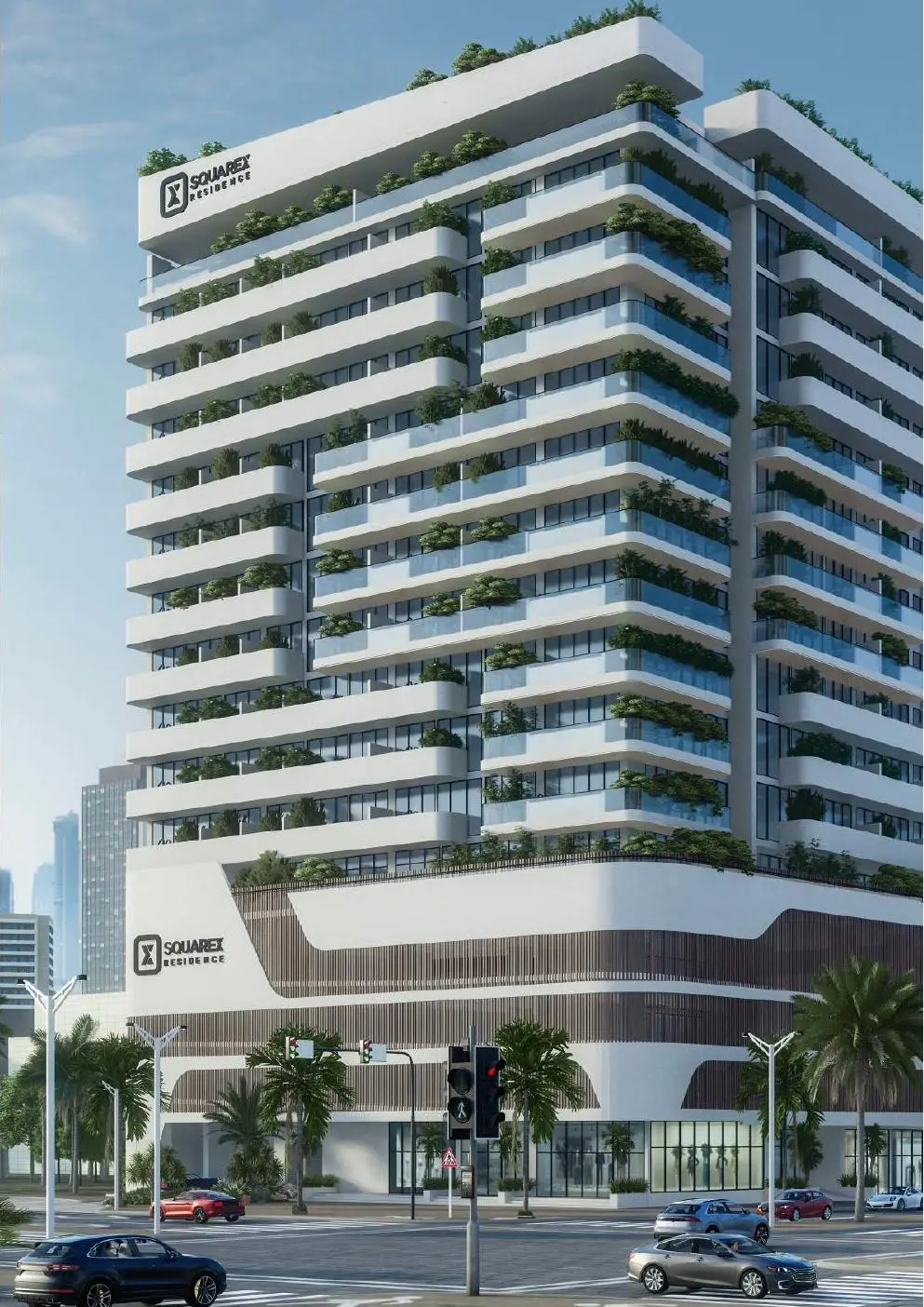 Tower with planted terraces by day