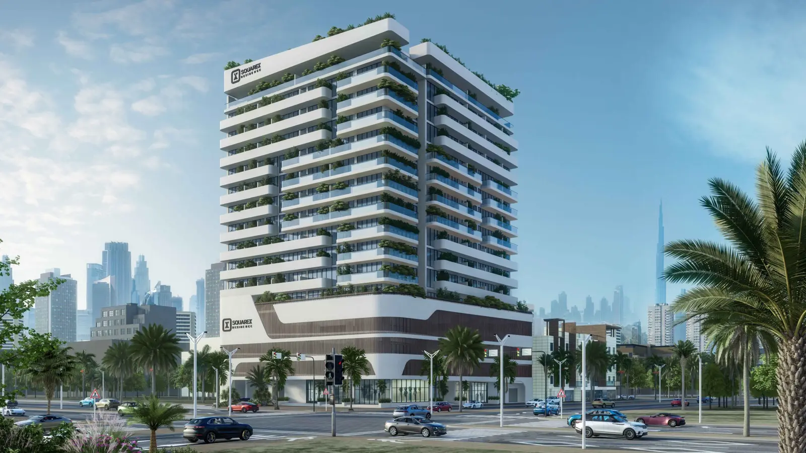 Tower with planted terraces and Burj Khalifa behind