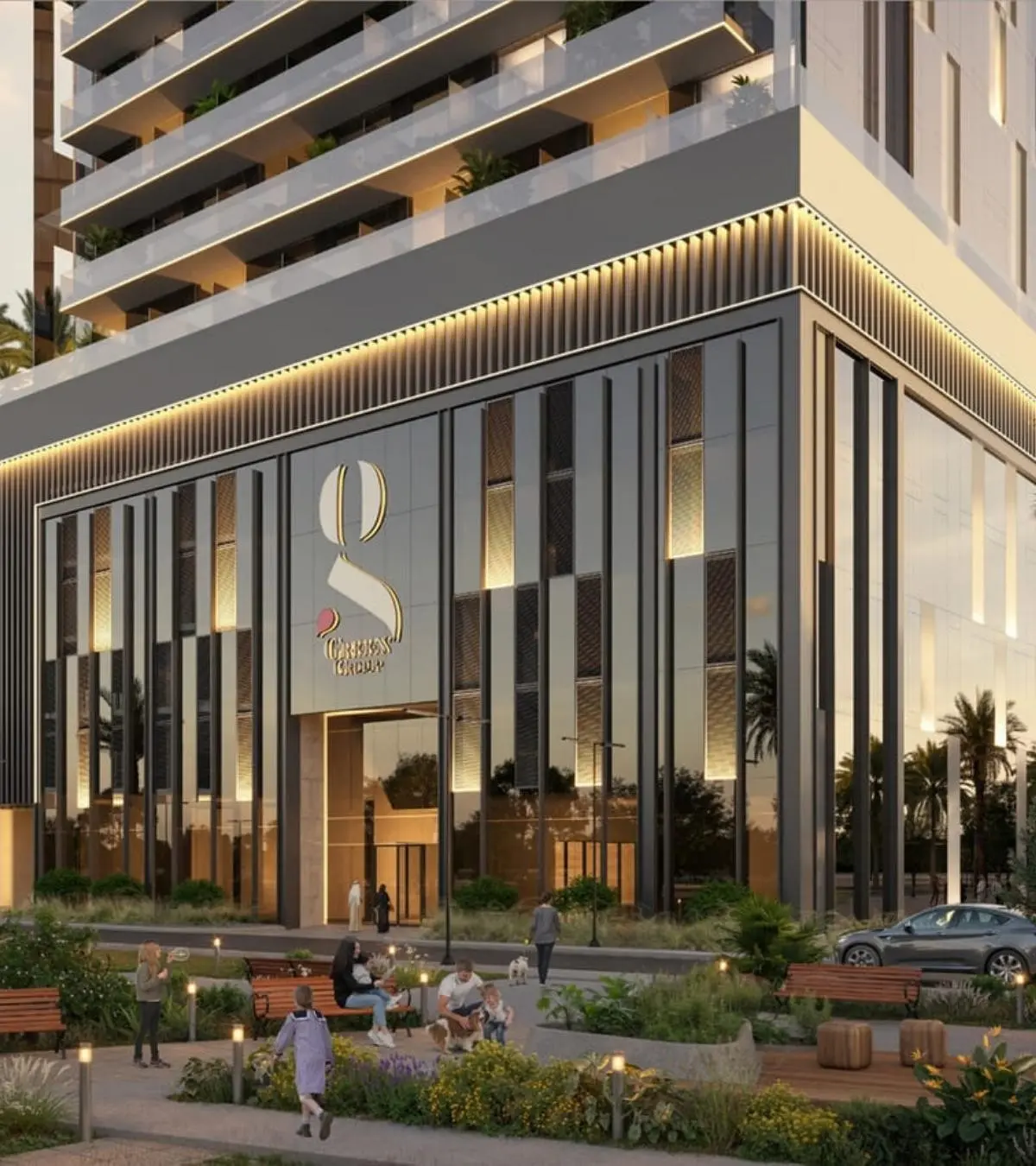 Tower entrance and podium with landscaped plaza