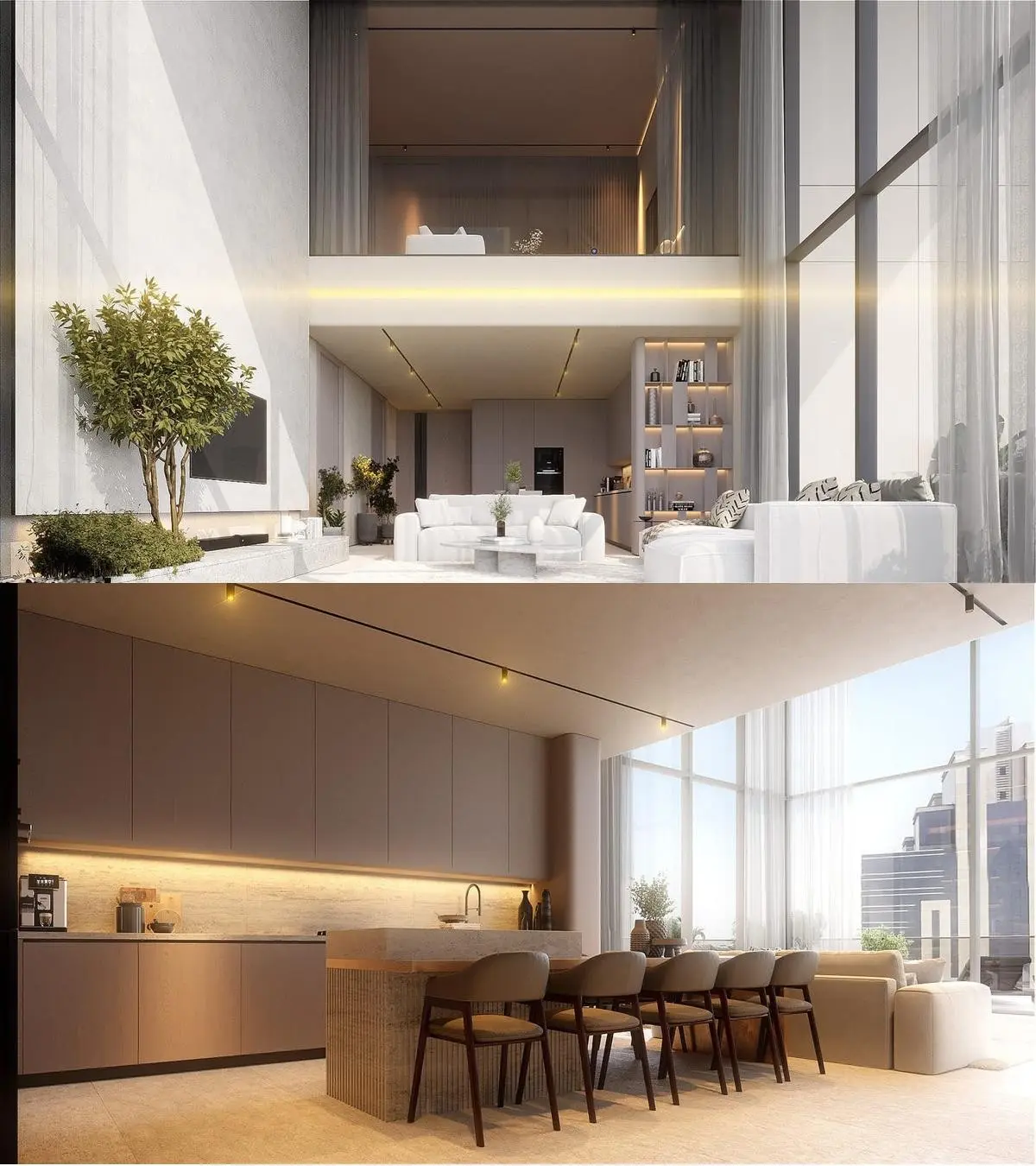 Night view of the tower with two interior renders