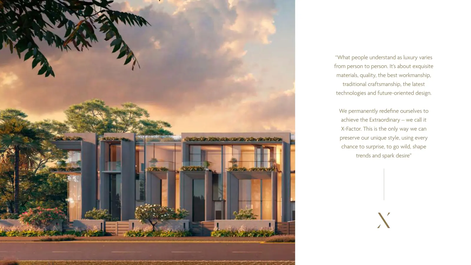 Townhouse facade with planted balconies at sunset