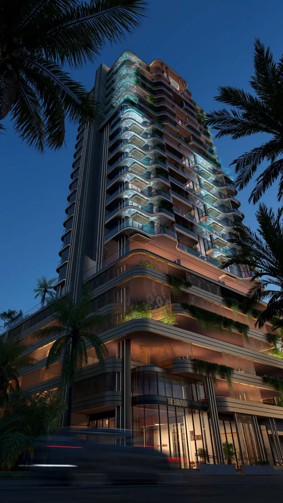 Tower seen from street level at dusk
