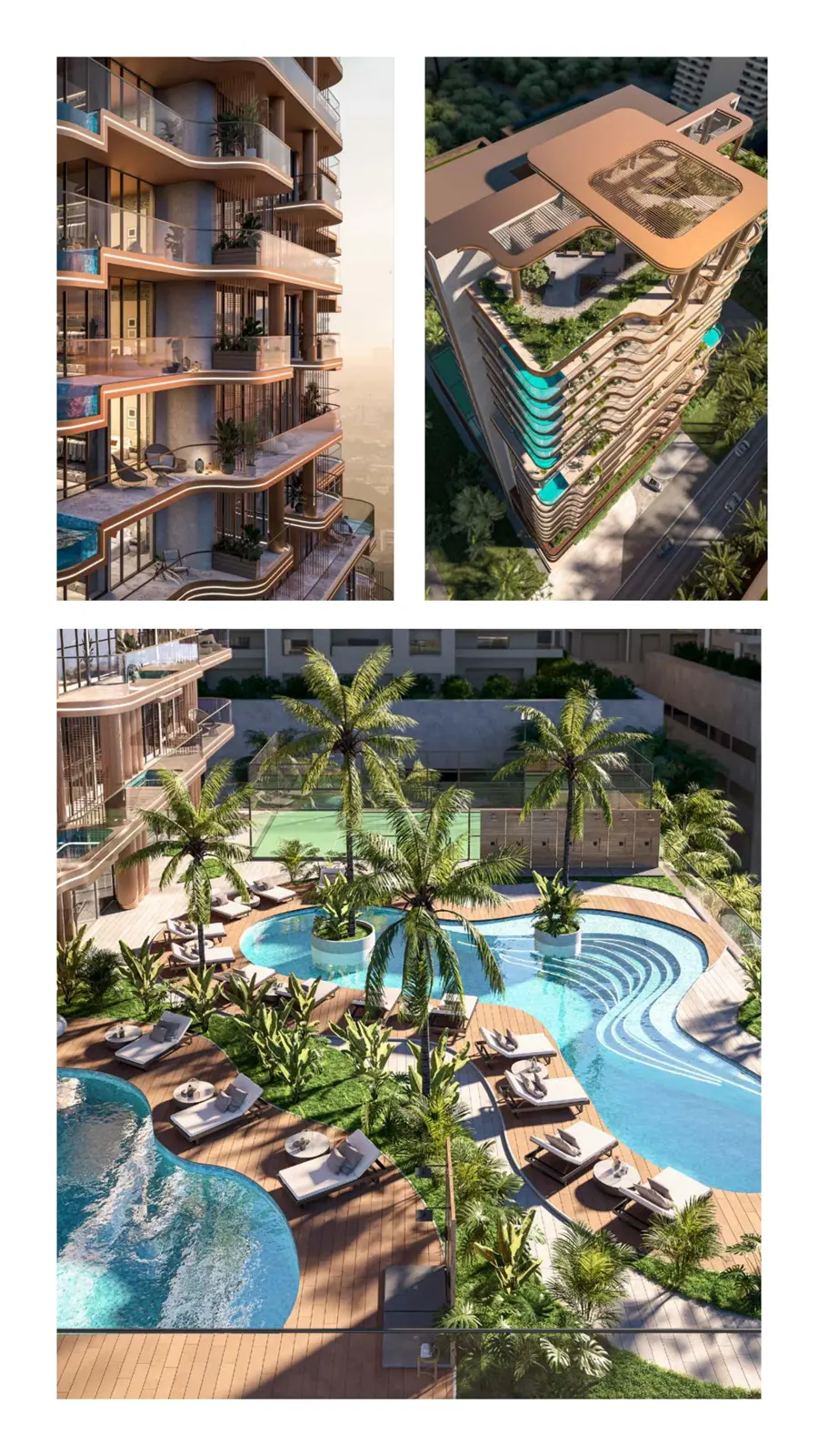 Facade details, aerial rooftop view and pool deck