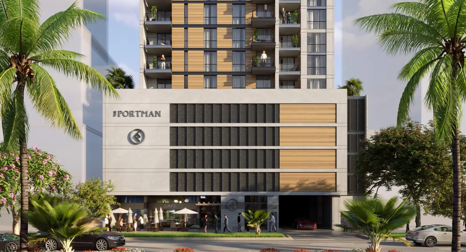 Tower base with Portman sign, timber panels and palms