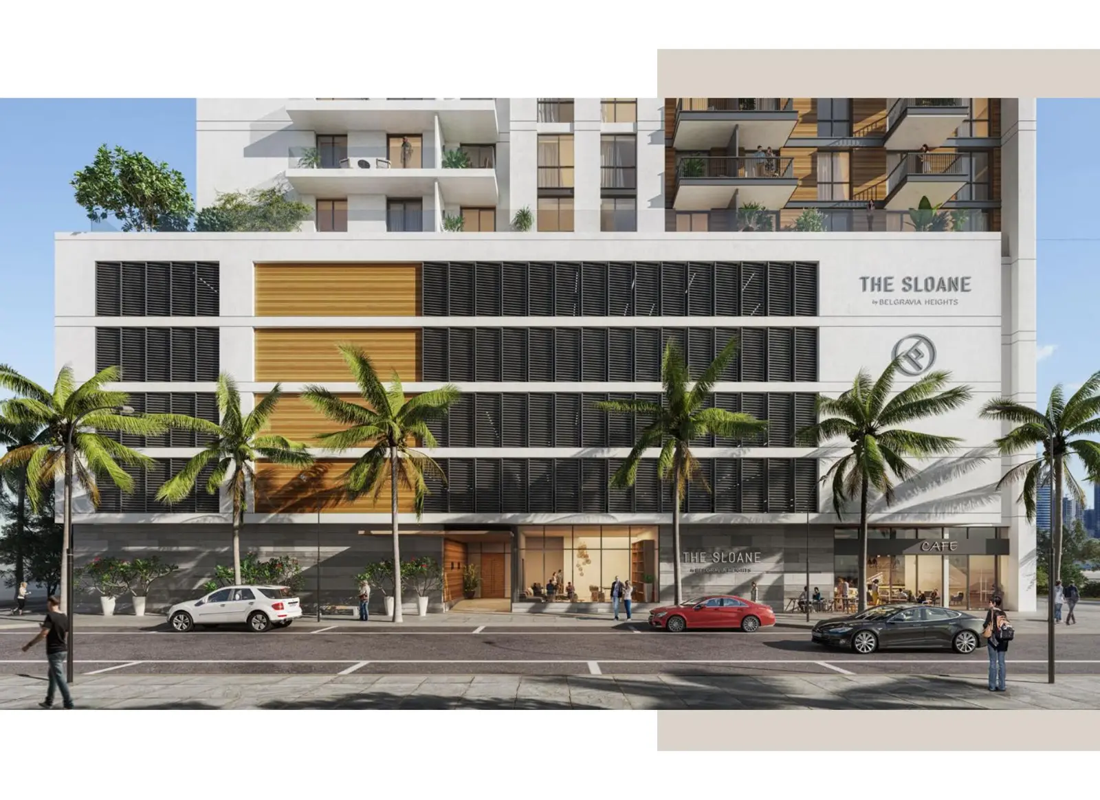 Podium facade with timber and louvres at street level