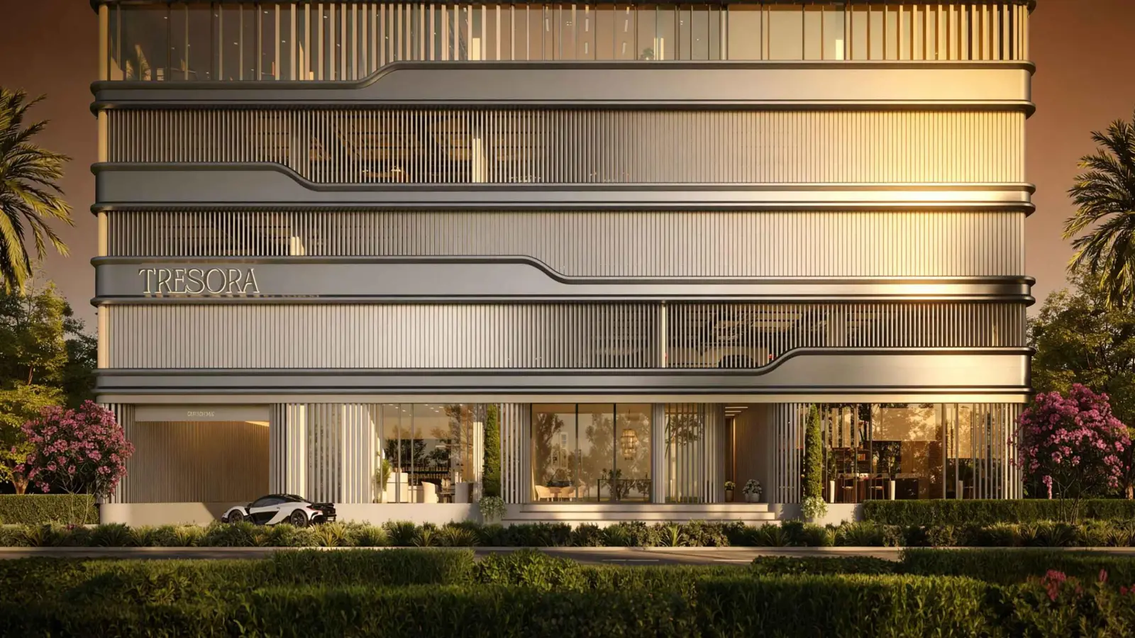 Podium facade with Tresora signage at golden hour