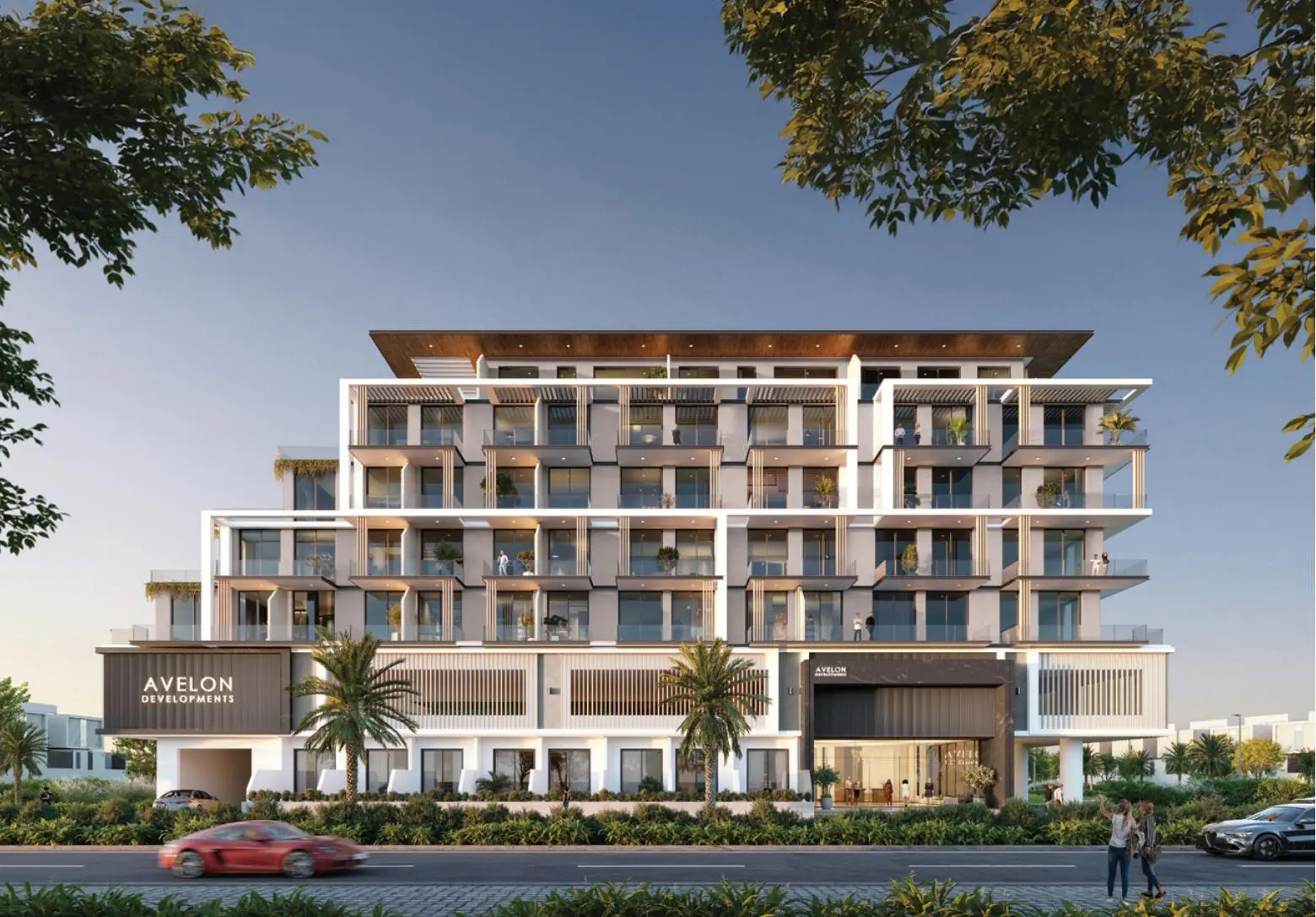 Front view of the stepped residential block with balconies