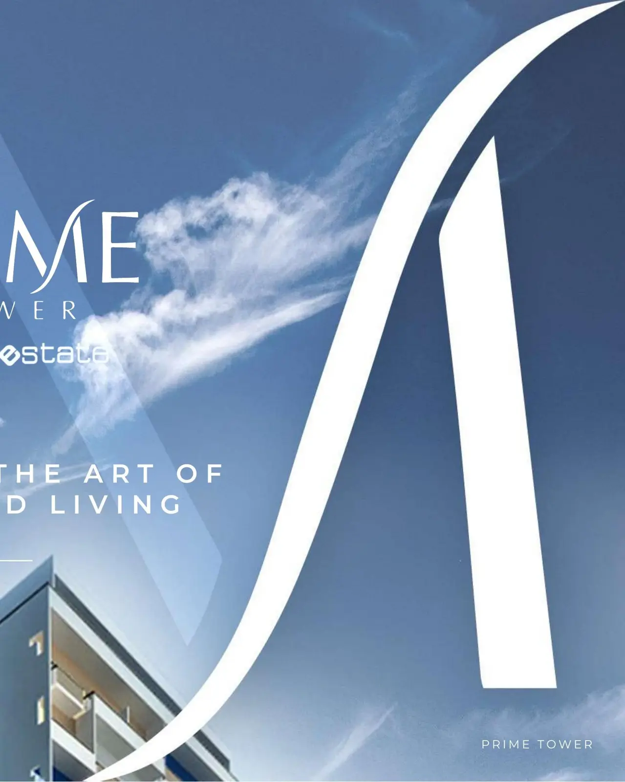 Top of Prime Tower against blue sky with logo