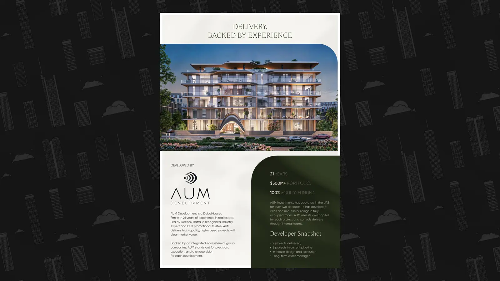 Dusk render of the five-level Veda building