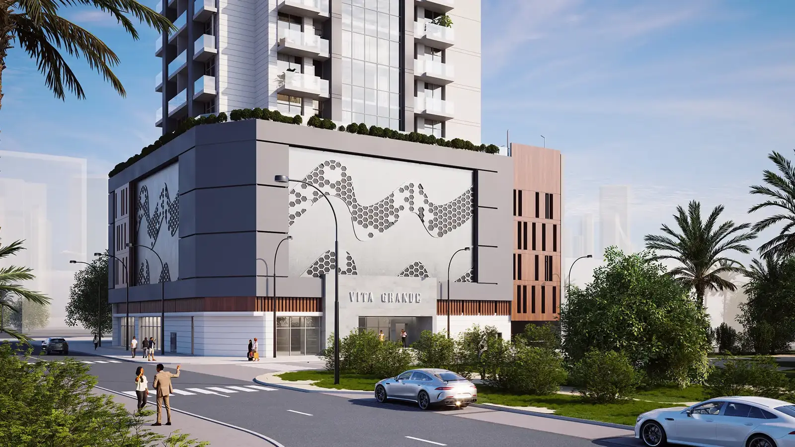 Podium entrance and facade of Vita Grande at street level