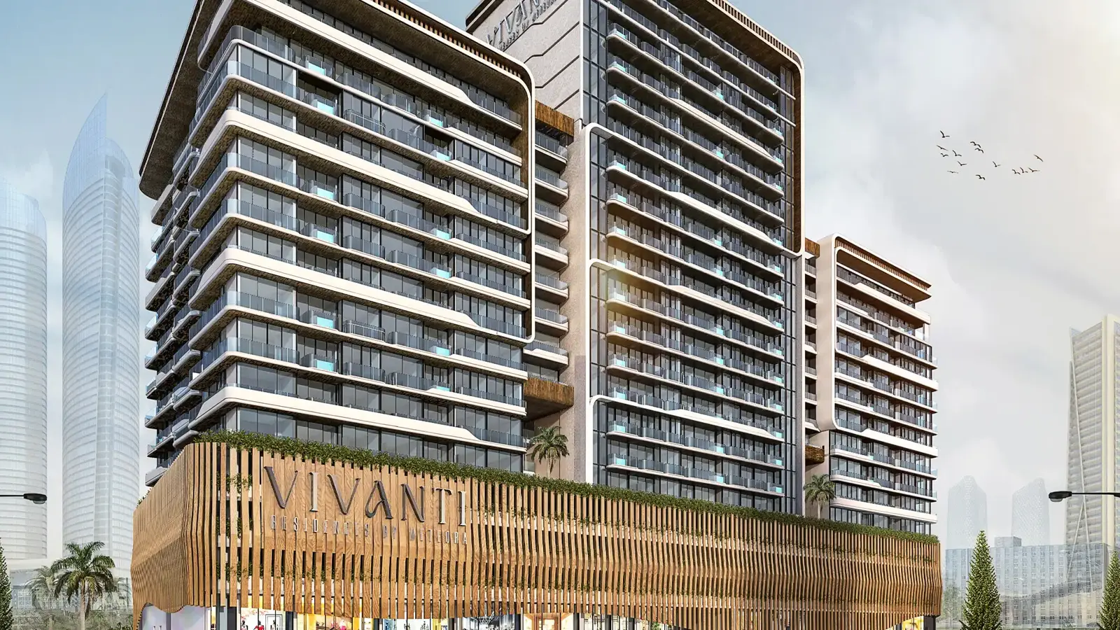 Three towers above a timber-clad retail podium