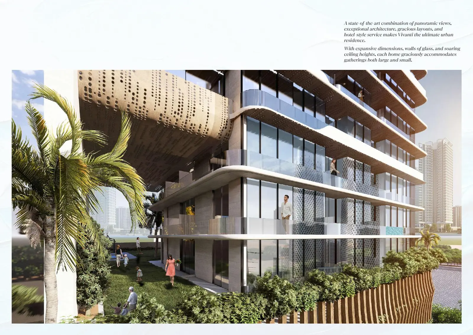 Tower facade with balconies and garden