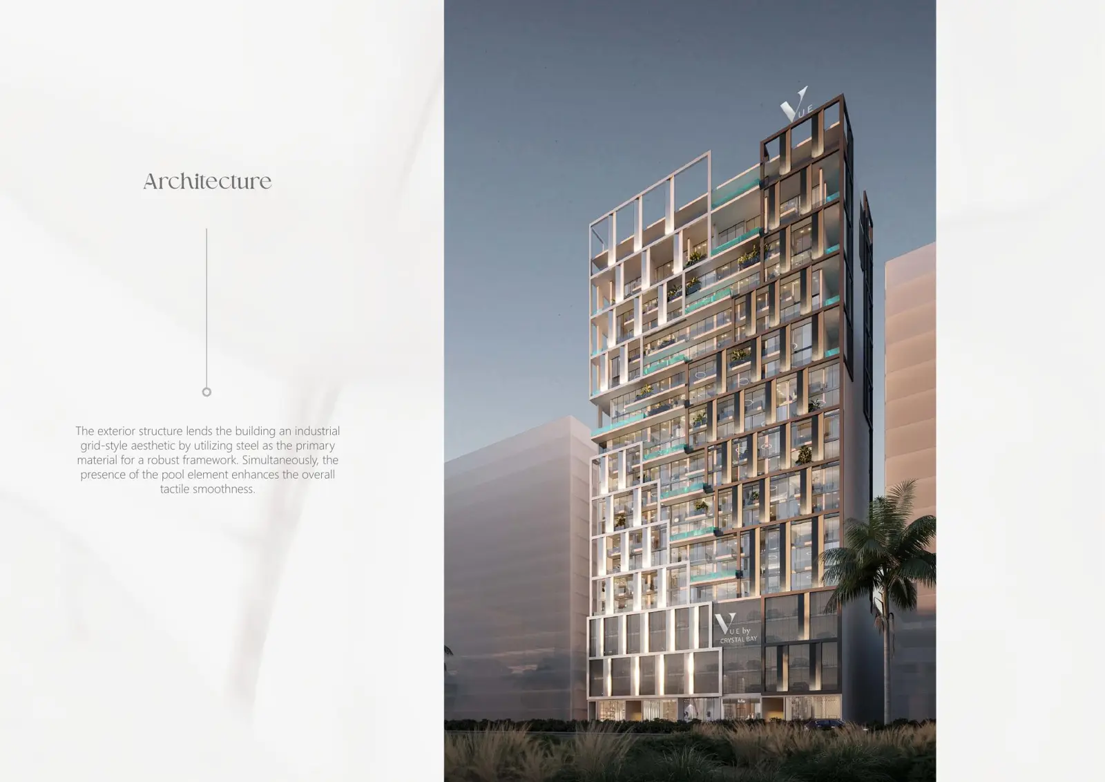 Tower facade at dusk with lit steel grid