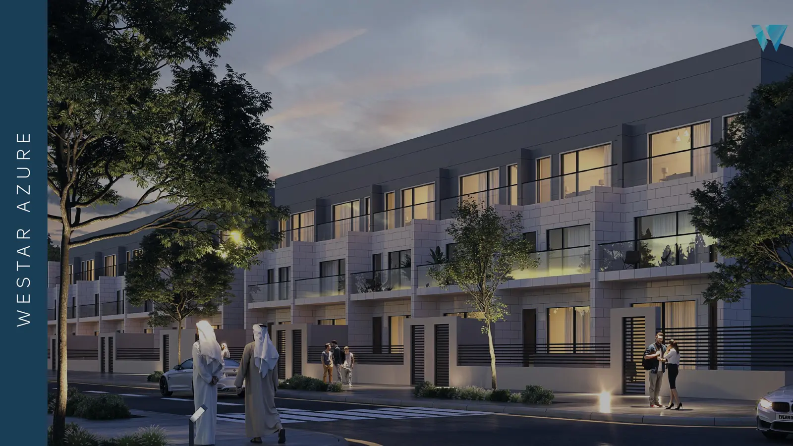 Row of townhouses with balconies at dusk