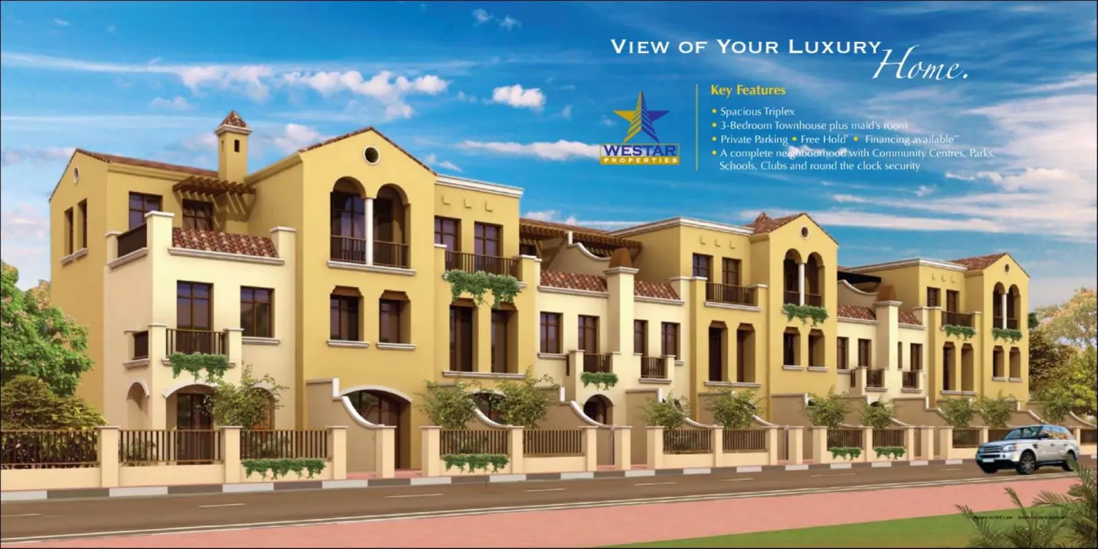 Row of Spanish-style townhouses on a street