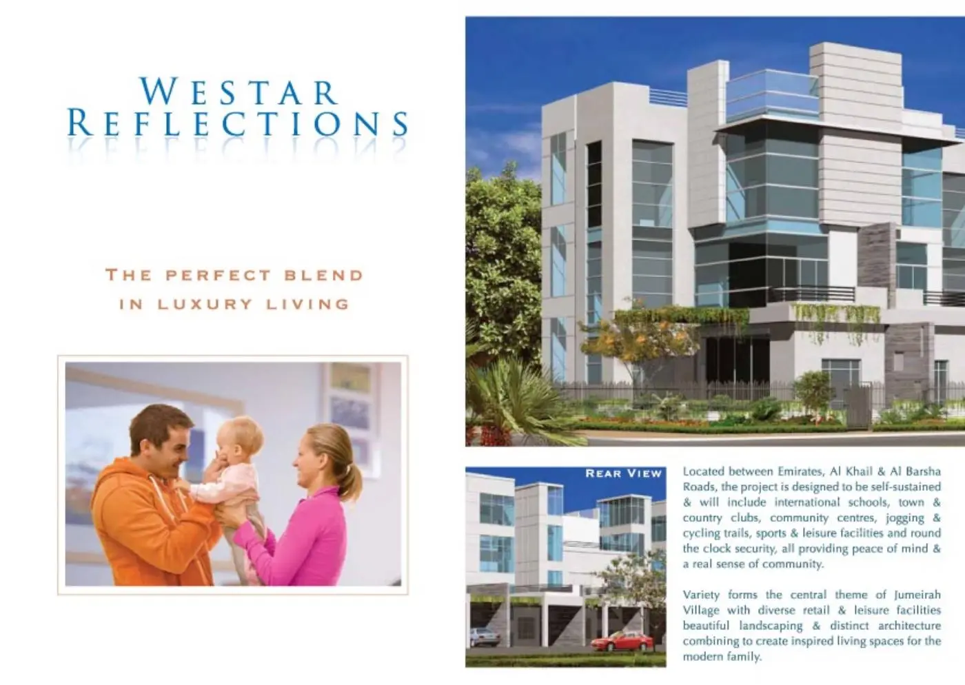 Townhouse exterior render with family photo, brochure page