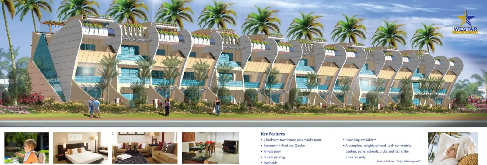 Row of curved townhouses with palms and key features