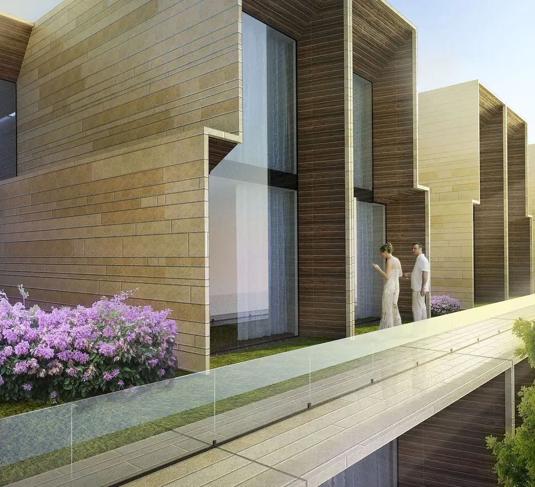 Stone and timber townhouse facades with garden terrace and glass balustrade