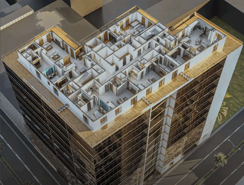 Aerial cutaway of the top floor layout