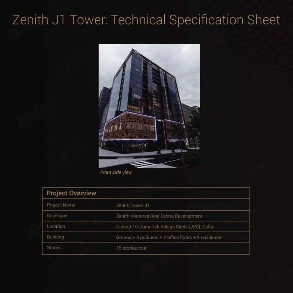 Front view of the tower with project overview table