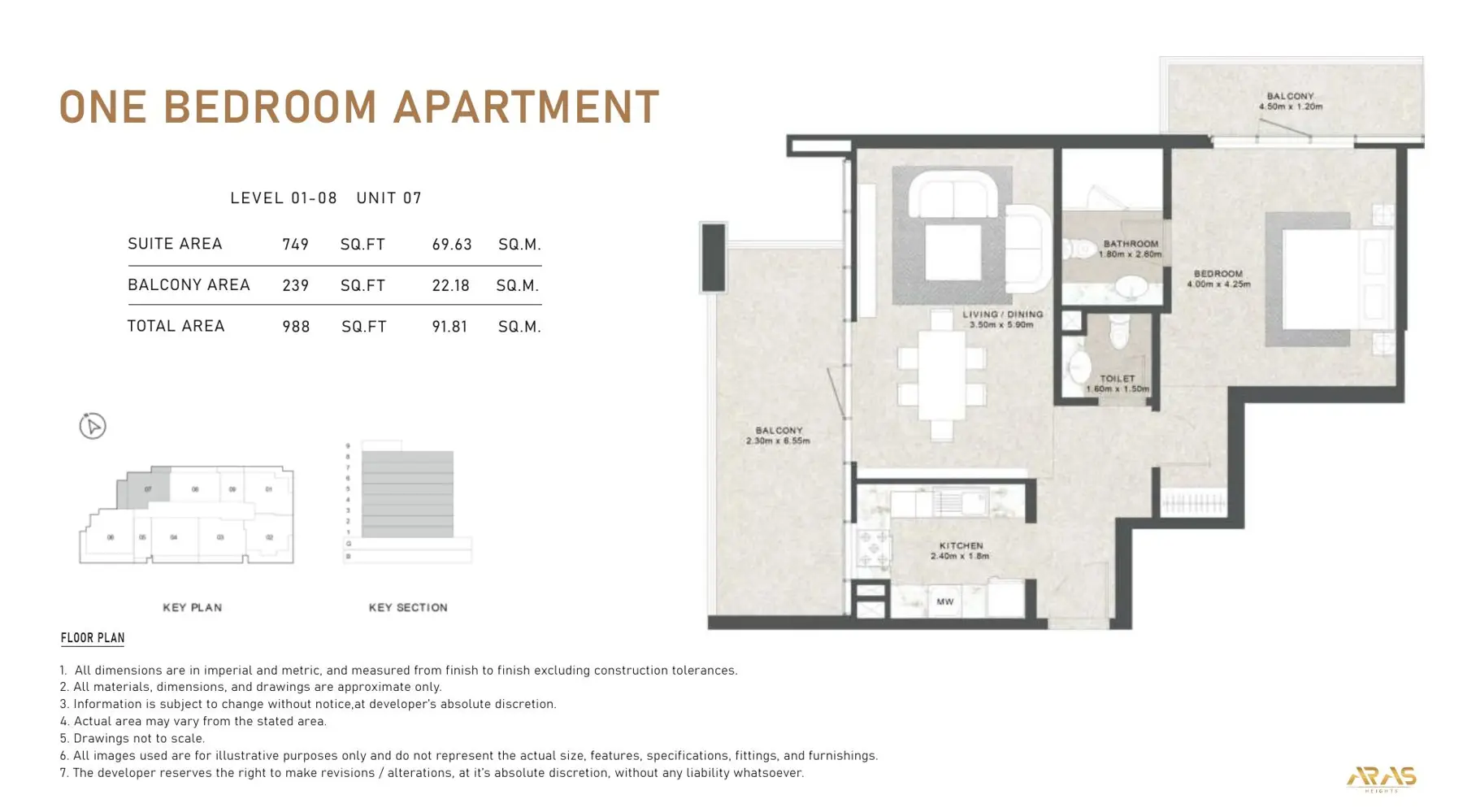 One bedroom floor plan, unit 07