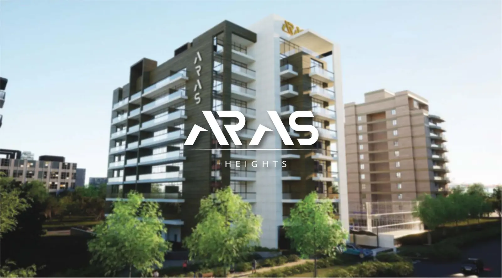 Full tower render with Aras Heights logo