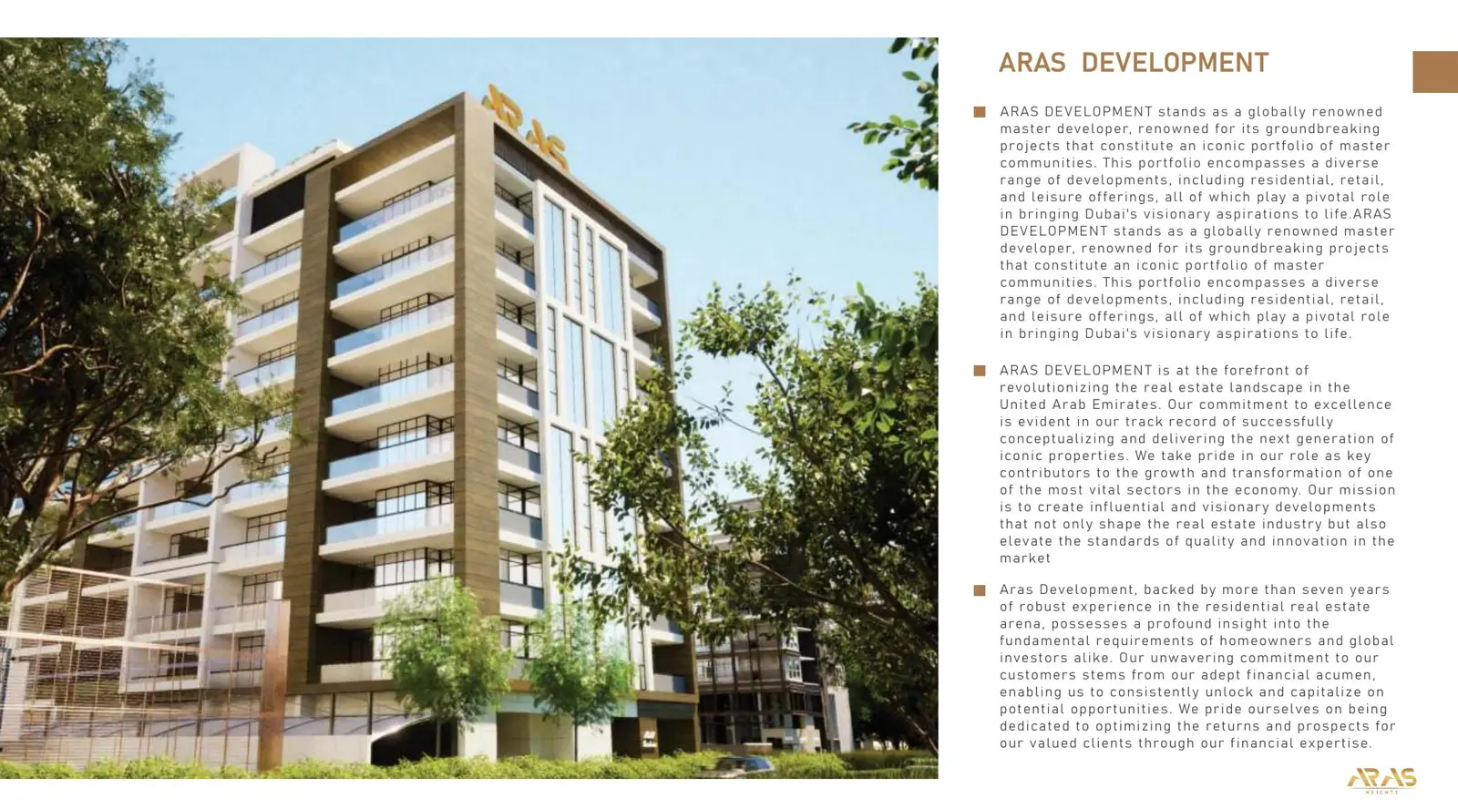 Facade with balconies and trees, next to developer text