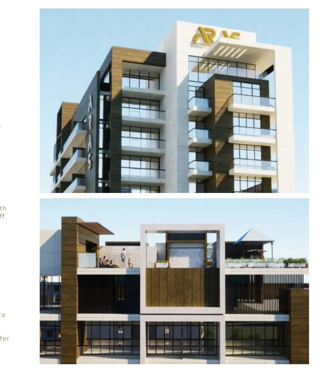 Facade and rooftop terrace renders beside feature icons
