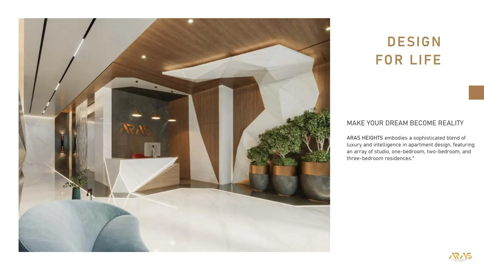 Lobby with reception desk and white sculpted wall