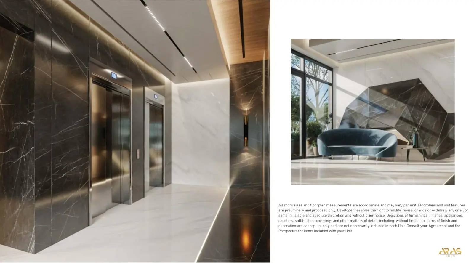 Marble elevator hall and lounge with sofa