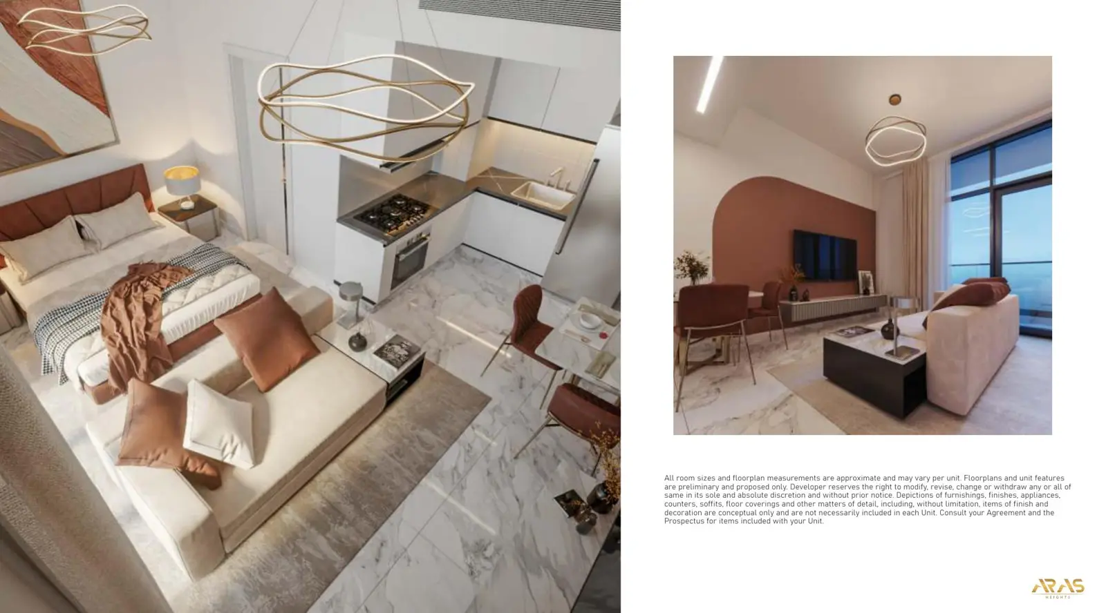 Studio with bed, kitchen and living area