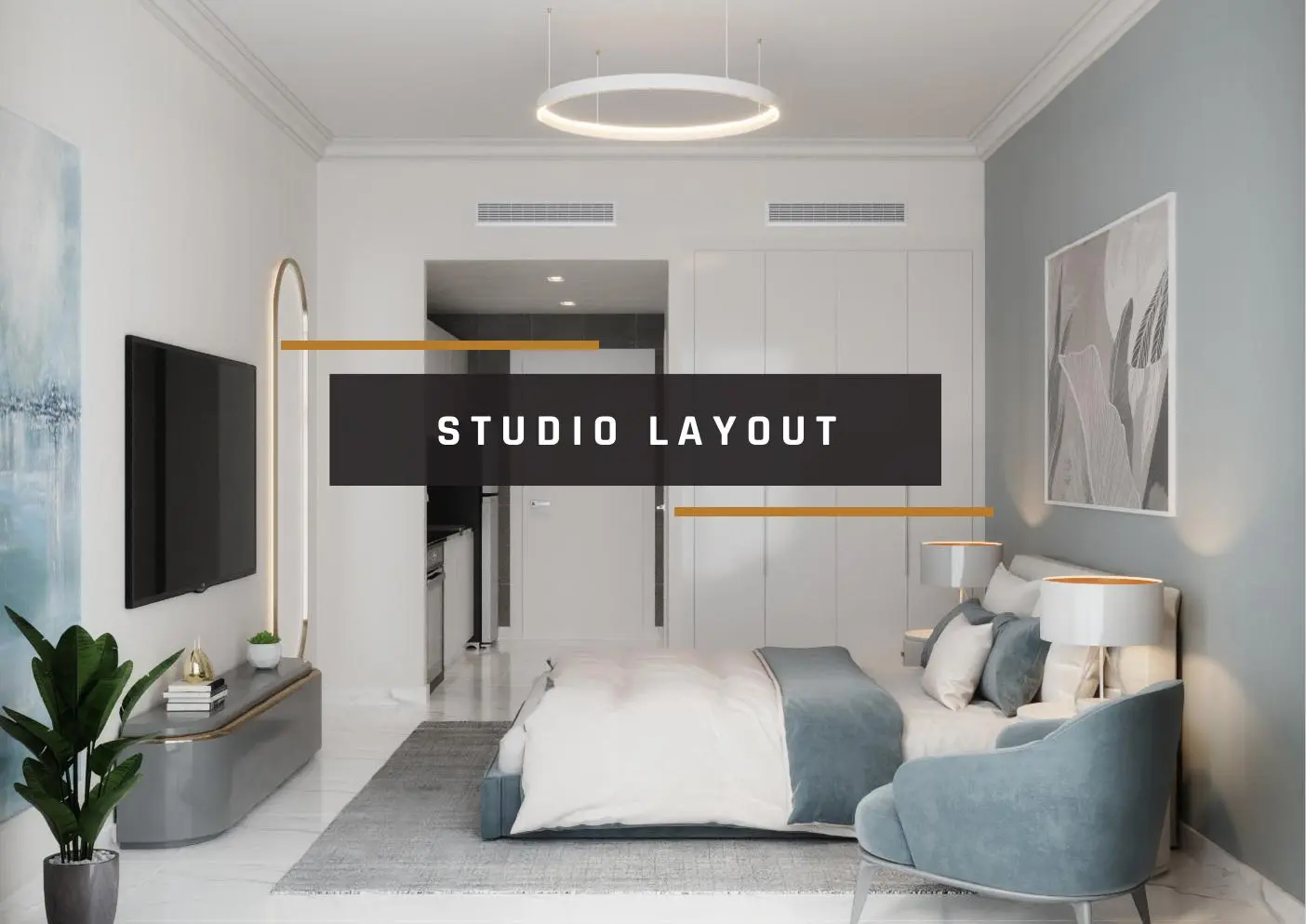 Studio interior with bed, sofa and wall TV