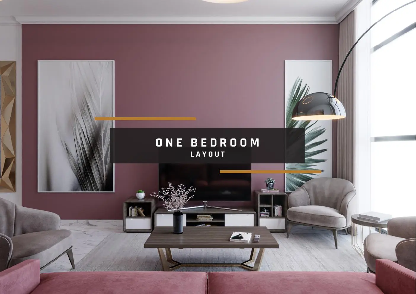 Living room with pink walls and sofa