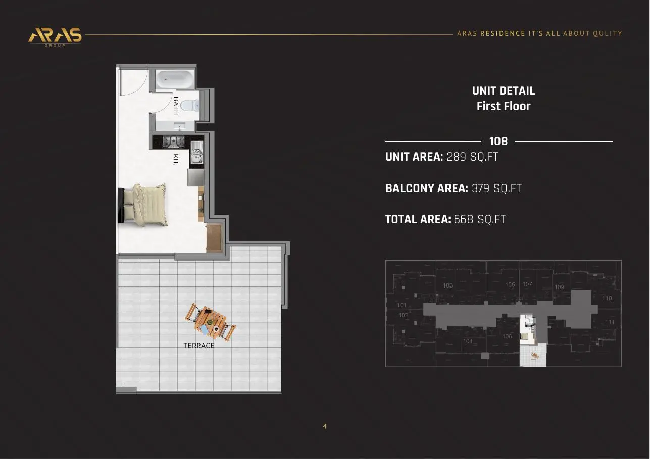 Studio 108 floor plan with large terrace