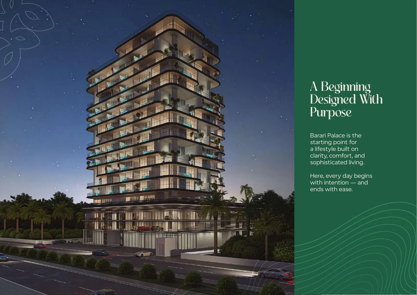 Tower at night with curved balconies