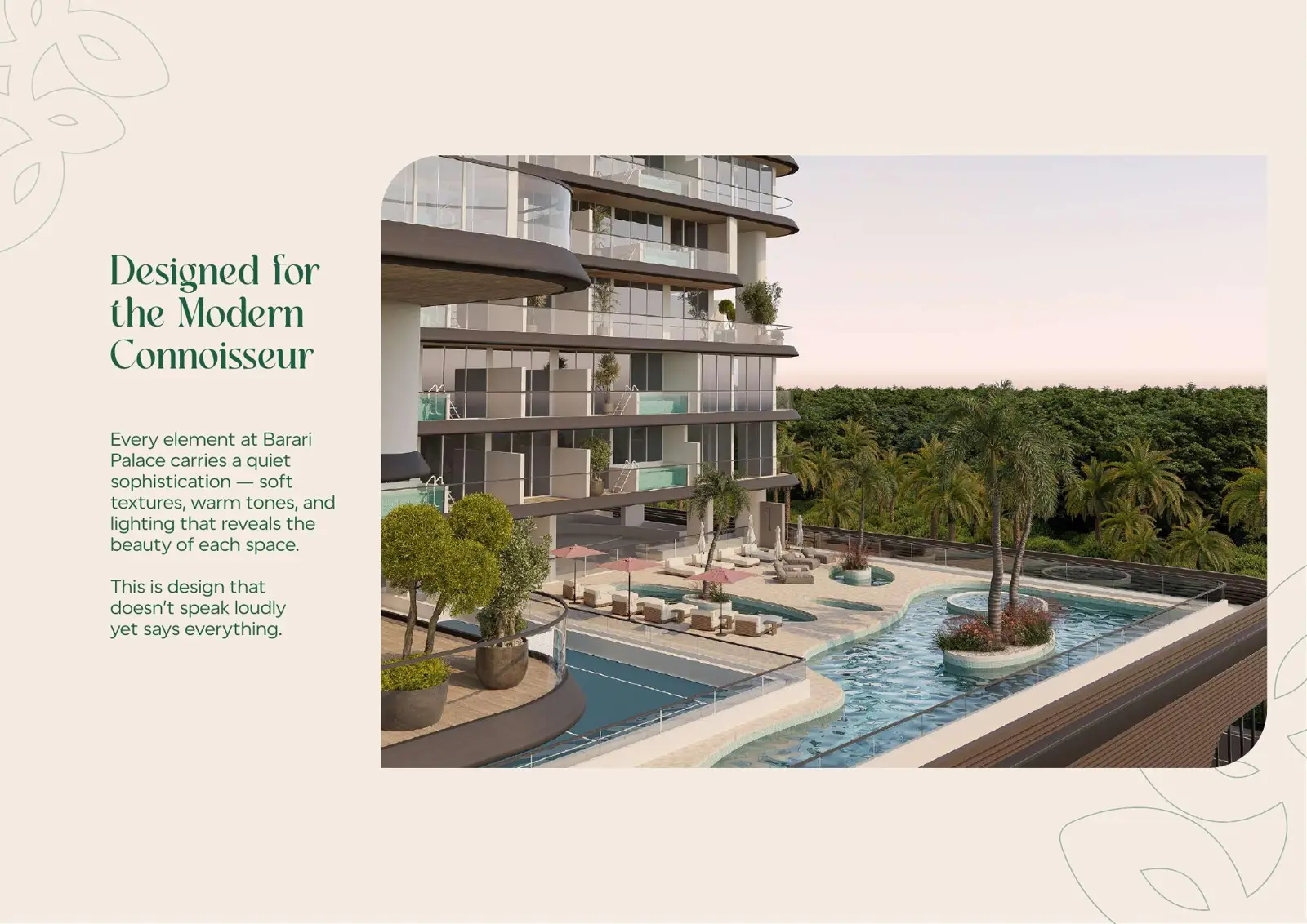 Podium pool deck with loungers beside the tower