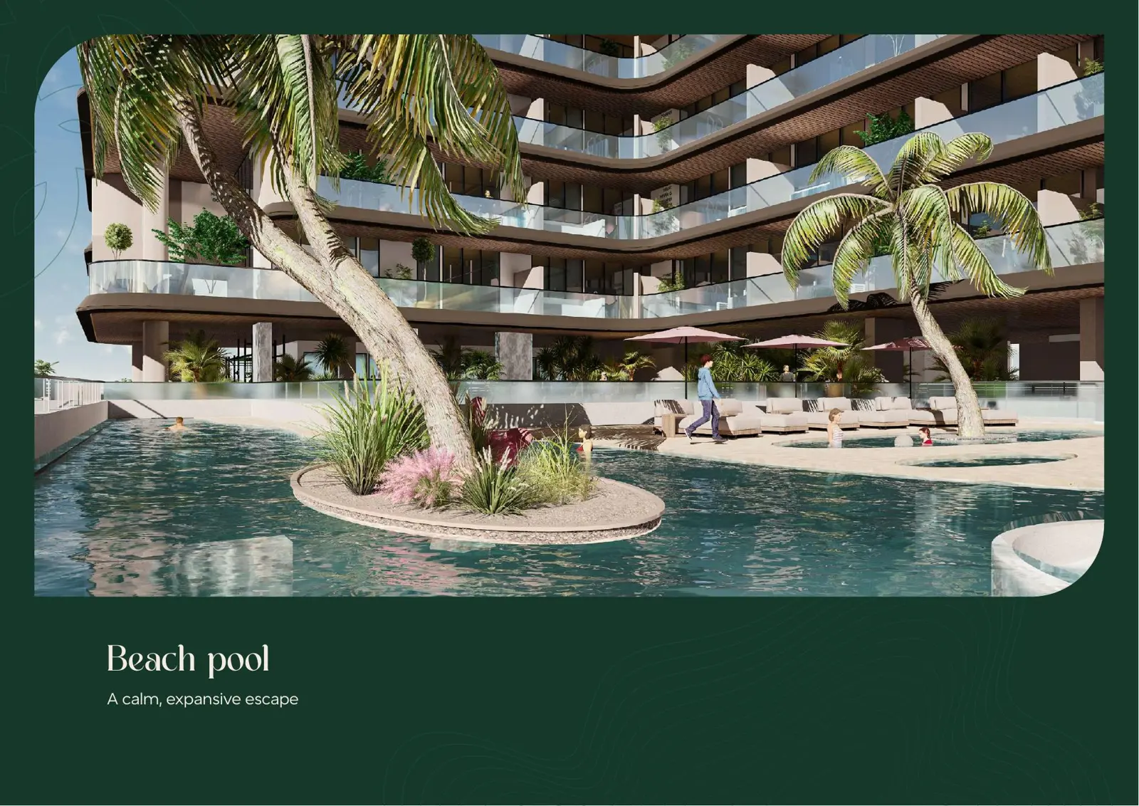 Beach pool with island planting beside the tower