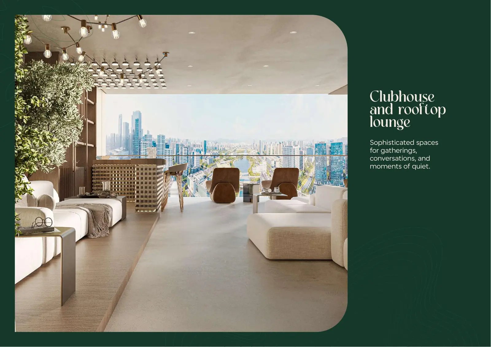 Rooftop lounge with city skyline view