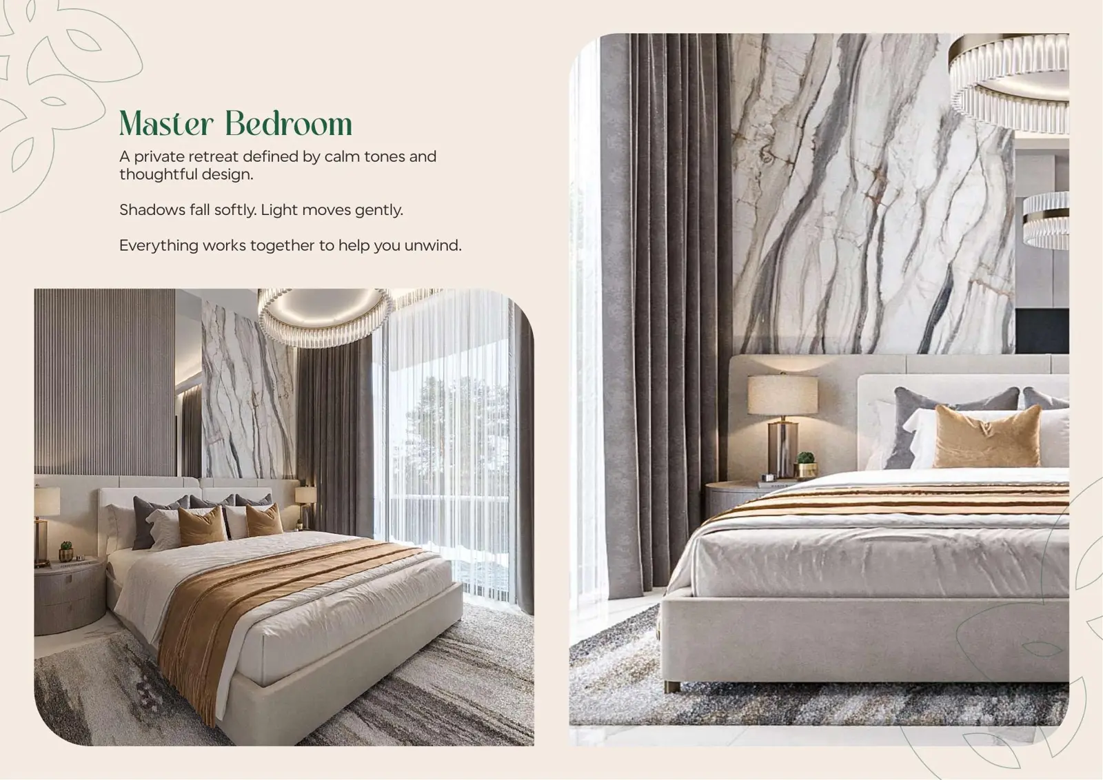 Master bedroom with marble feature wall