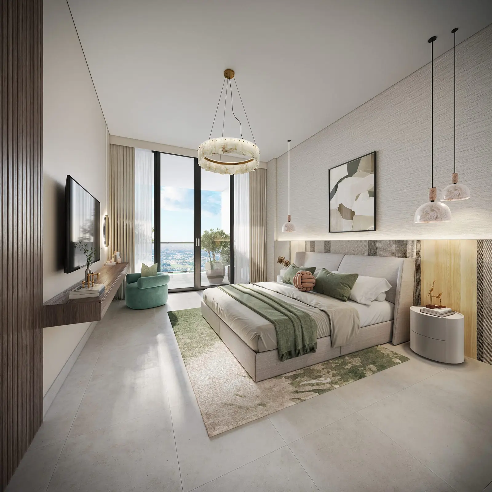 Bedroom with floor-to-ceiling window and balcony