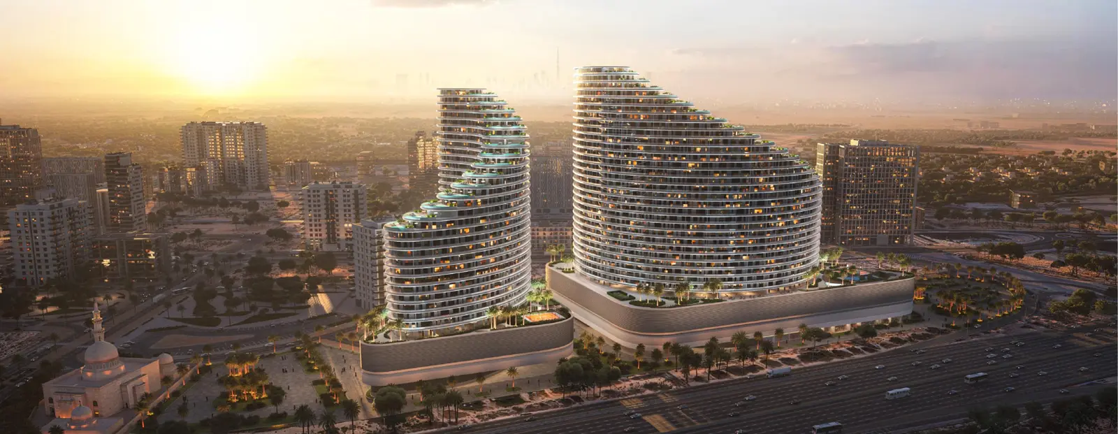 Aerial view of both towers on their podium at sunset