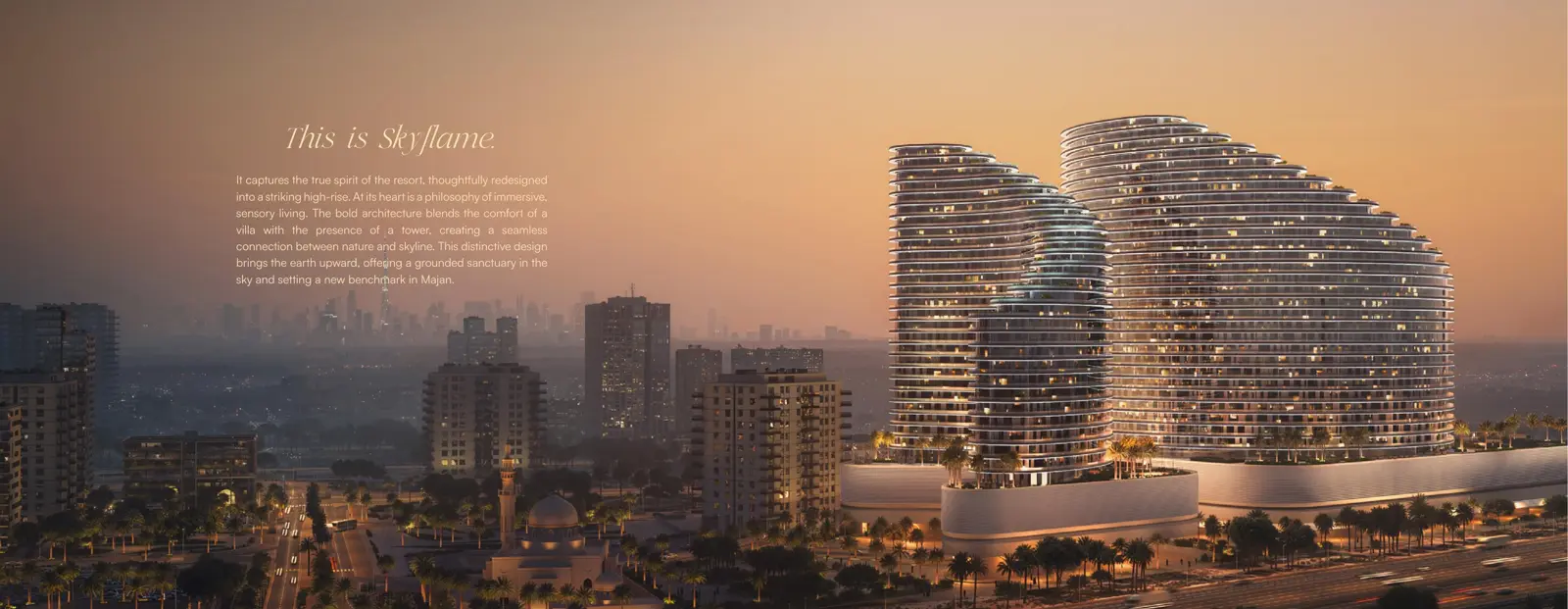 Twin towers at dusk above the Majan neighbourhood