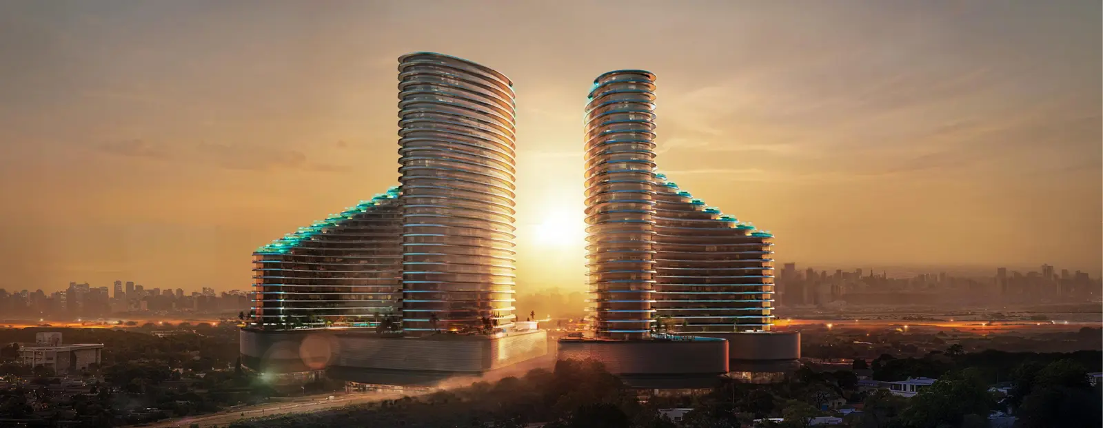 Twin towers at sunset with glowing edges